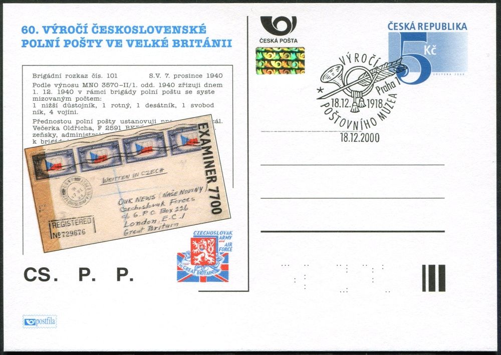 Česká pošta (2000) CDV 52 O - P 65 - 60. výročí československé polní pošty ve Velké Británii - razítko