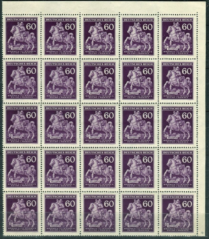 (1943) č. 102 ** - B.ü.M. - 25-bl - Den poštovní známky- DV - skvrna nad římskou 1 ve štítku, tmavá skvrna na stehně koně