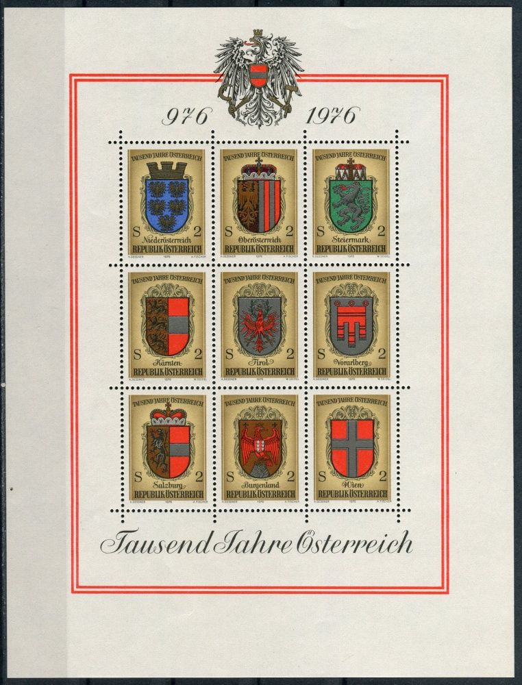 (1976) MiNr. 1522 - 1530 ** - Rakousko - BLOCK 4 - 1000 let Rakousko - erb spolkových zemí