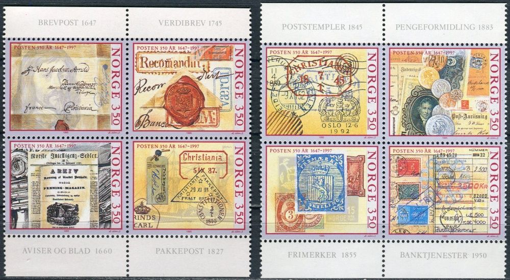 (1995) MiNr. 1189 - 1196 ** - Norsko - 2 x 4 -bl soutisk - 1195 I. typ - 350 let norské pošty (I)