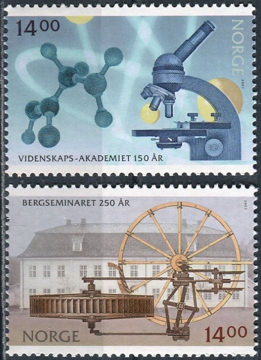 (2007) MiNr. 1630 - 1631 ** - Norsko - Věda: 250 let Bergseminar, Kongsberg; 150 let Akademie věd