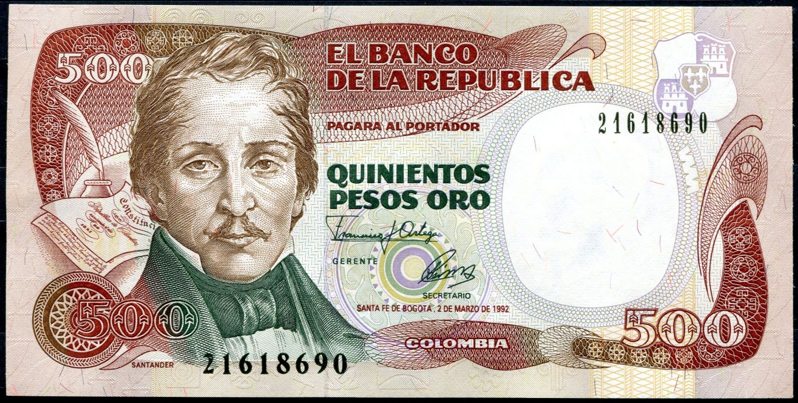 Kolumbie (P 431A) - 500 Pesos Oro (2.3.1992) - UNC