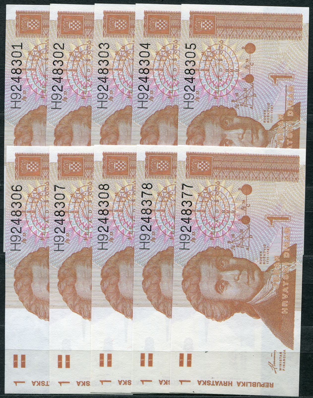 10x Chorvatsko - (P016) 1 DINAR 1991 - UNC