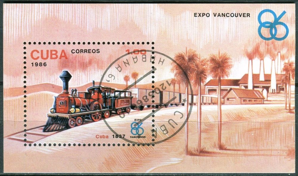 (1986) MiNr. 3023 - Block 95 - O - Kuba - Speciální výstava EXPO '86, Vancouver: Lokomotivy
