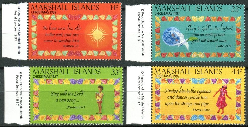 Marshall Islands (1987) MiNr. 142 - 145 ** - Marshallovy ostrovy - Vánoce - Text Matouš 2, 1; Lukáš 2,14; Text žalmu 33,3; Text žalmu 150,5;