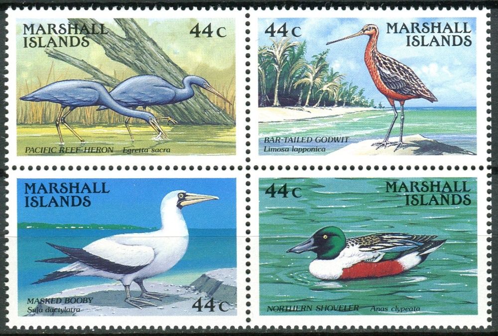 Marshall Islands (1988) MiNr. 146 - 149 **, 4-bl - Marshallovy ostrovy - Ptáci - Volavka pobřežní, Břehouš rudý, terej maskový, Lžičák pestrý