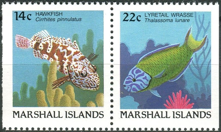 Marshall Islands (1988) MiNr. 152 + 154 D ** - Marshallovy ostrovy - 2-bl - Ryby - Cirrhites pinnulatus; Thalassoma lunare