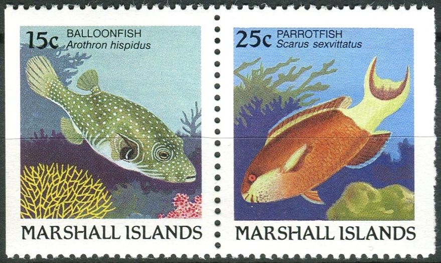 Marshall Islands (1988) MiNr. 172 + 173 D **, 2-bl - Marshallovy ostrovy - Ryby - Čtverzubec běloskvrnný (Arothron hispidus) a ploskozubec (Scarus sexvittatus)