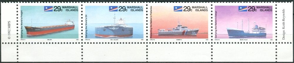 Marshall Islands (1992) MiNr. 398 - 401 ** - Marshallovy ostrovy - 4-bl - Lodě - nákladní loď "Emlain"; Ropný tanker "CSK Valiant"; Plavidlo na ochranu ryb "lonometo"; Nákladní loď „Micro Pilot“