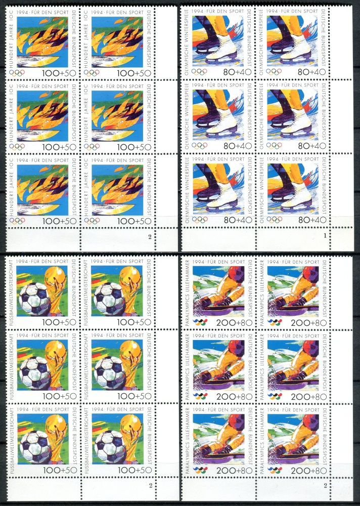 (1994) MiNr. 1717 - 1720 ** - Německo - 6-bl - d.č. - Zimní olympijské hry, Lillehammer; Mistrovství světa ve fotbale, USA; 100 let Mezinárodní olympijský výbor (IOC); Zimní paralympiáda, Lillehammer