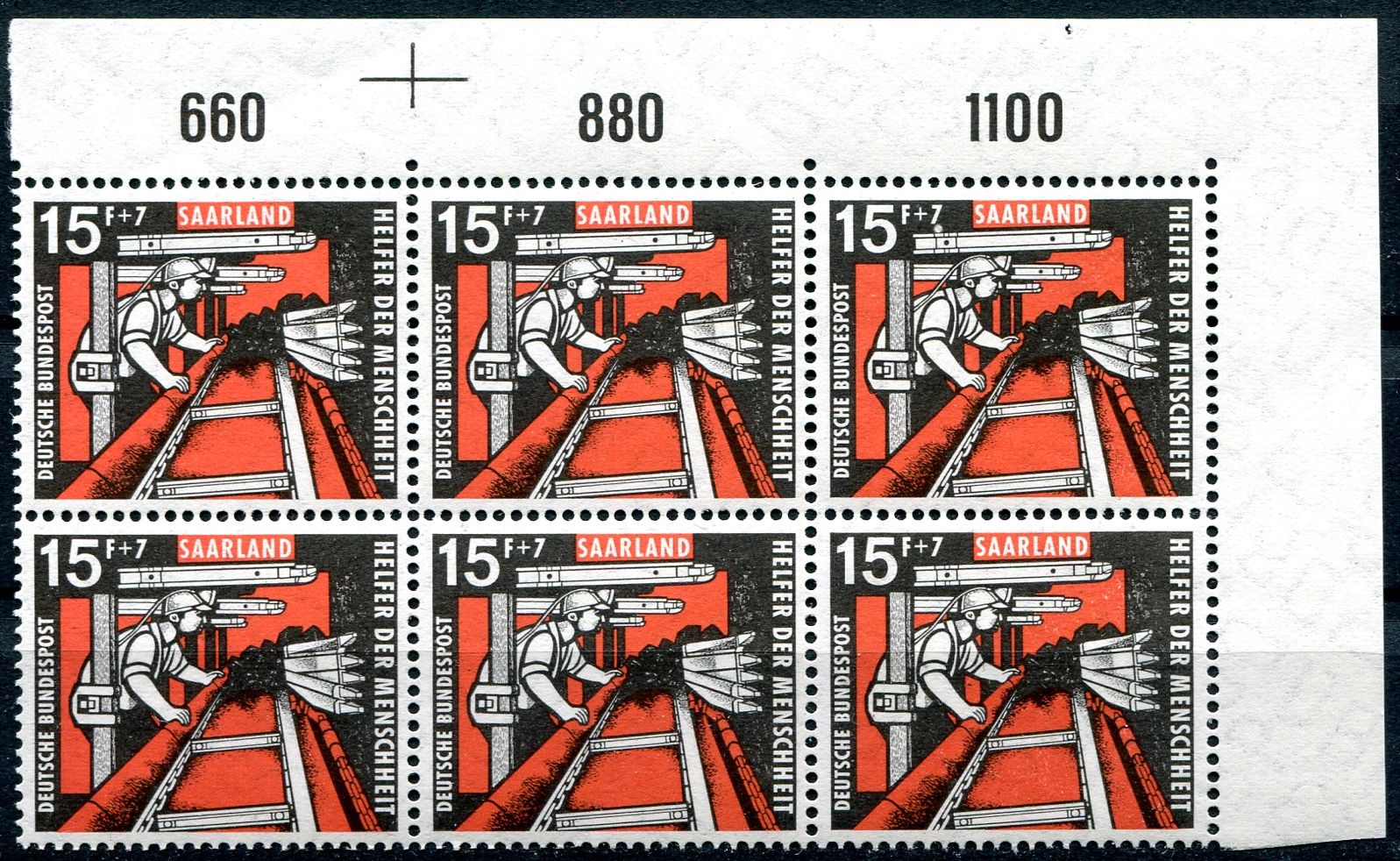 (1957) MiNr. 406 ** - 6-bl - Saarland - těžba uhlí (roh + počítadlo)