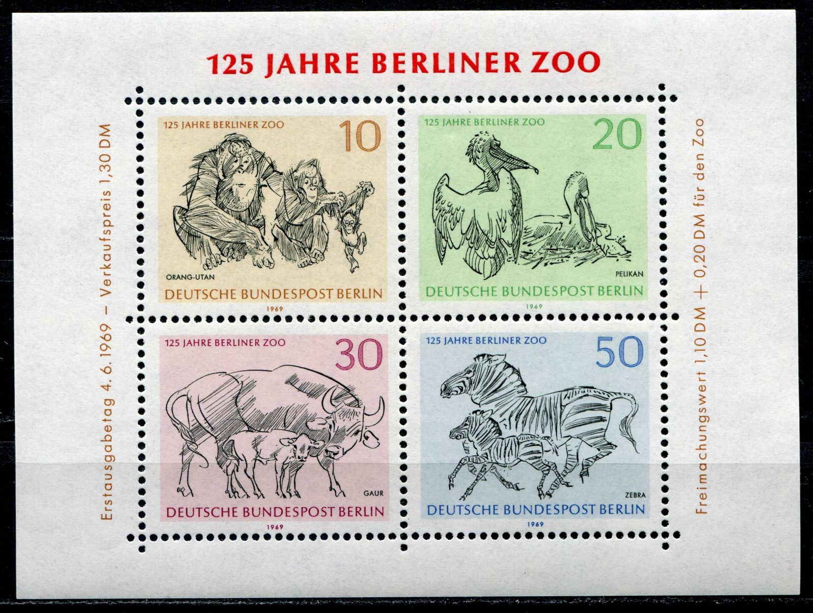 Deutsche Bundespost Berlin (1969) MiNr. 338 - 341 ** Block 2 - Berlín - západní - 125 let Berlínské ZOO