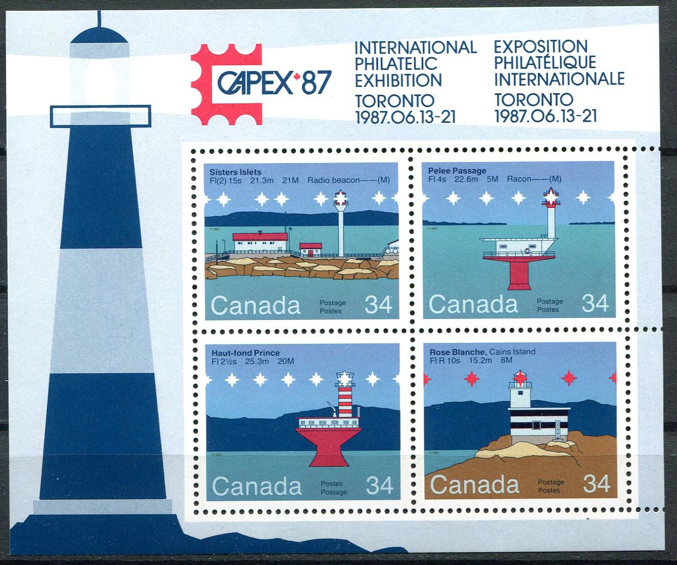 (1985) MiNr. 972 - 975 **, Block 4 - Kanada - známky: Majáky, CAPEX ’87, Toronto.