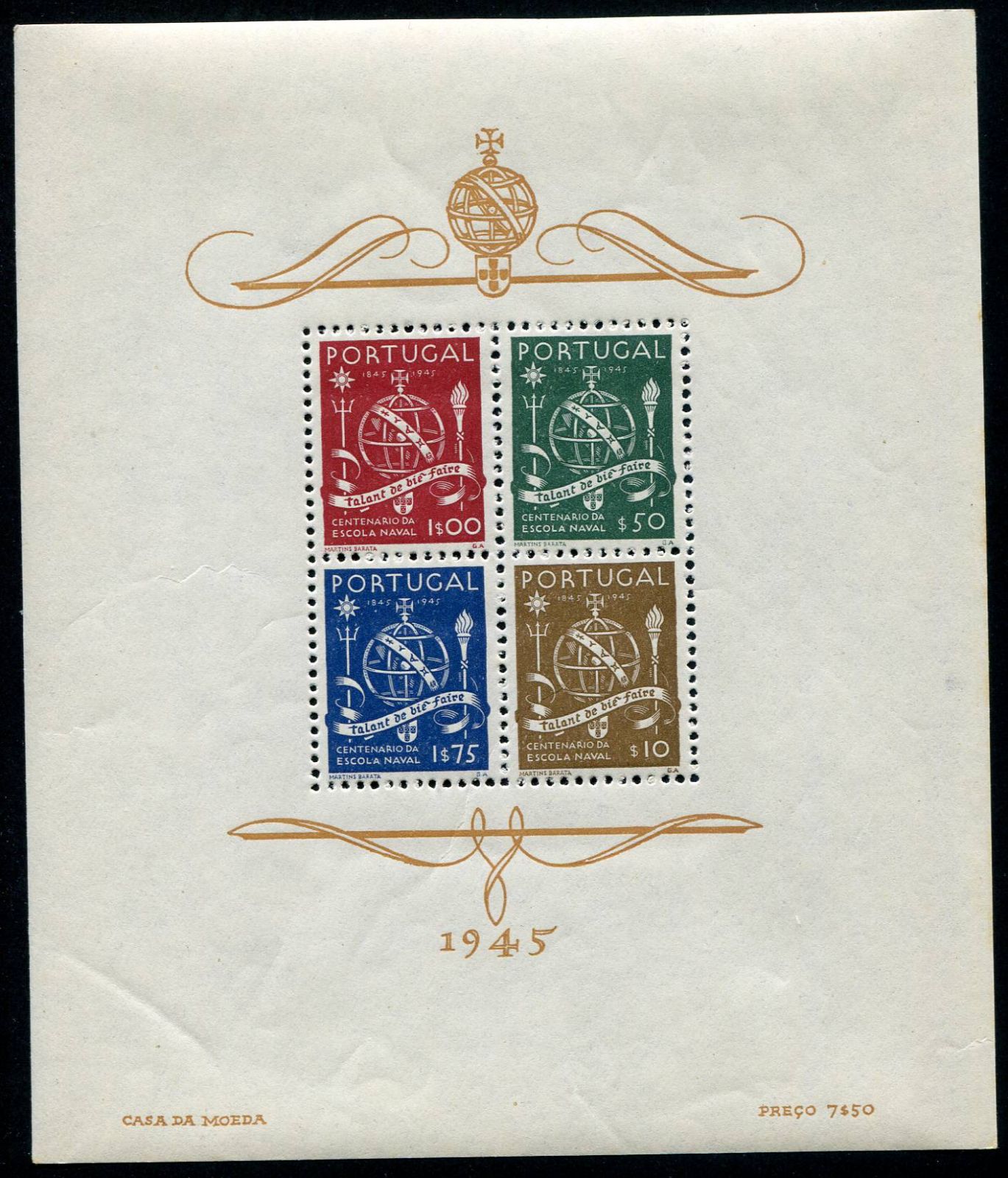 (1945) MiNr. 689 - 692 ** - Portugalsko - BLOCK 9 - 100 let námořní školy