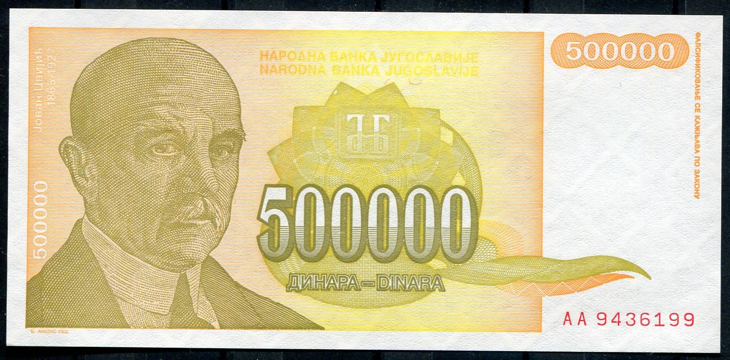 Jugoslávie - (P143) 500 000 DINARA (1994) - UNC | www.TGW.cz