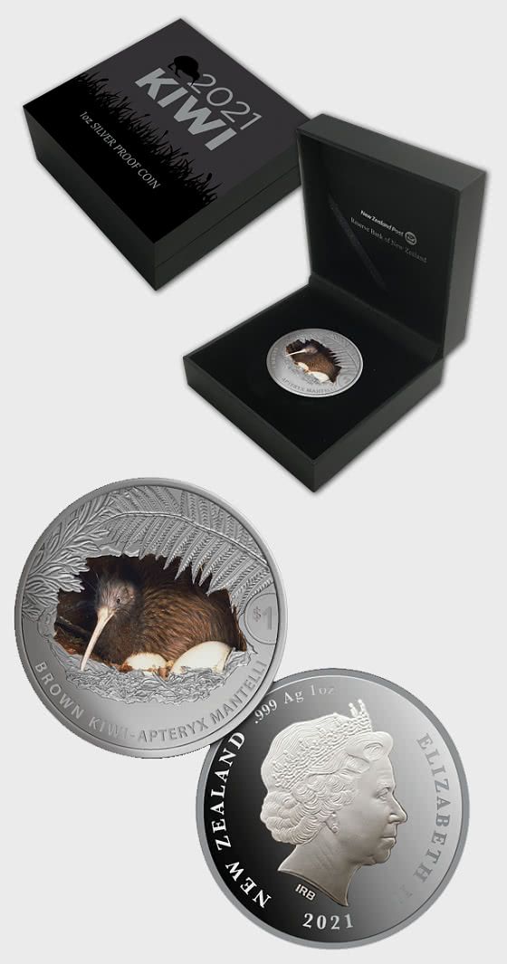 (2021) stříbrná mince 1$ (Ag, 1 oz.) - Nový Zéland - Kiwi 21 (proof) barevná