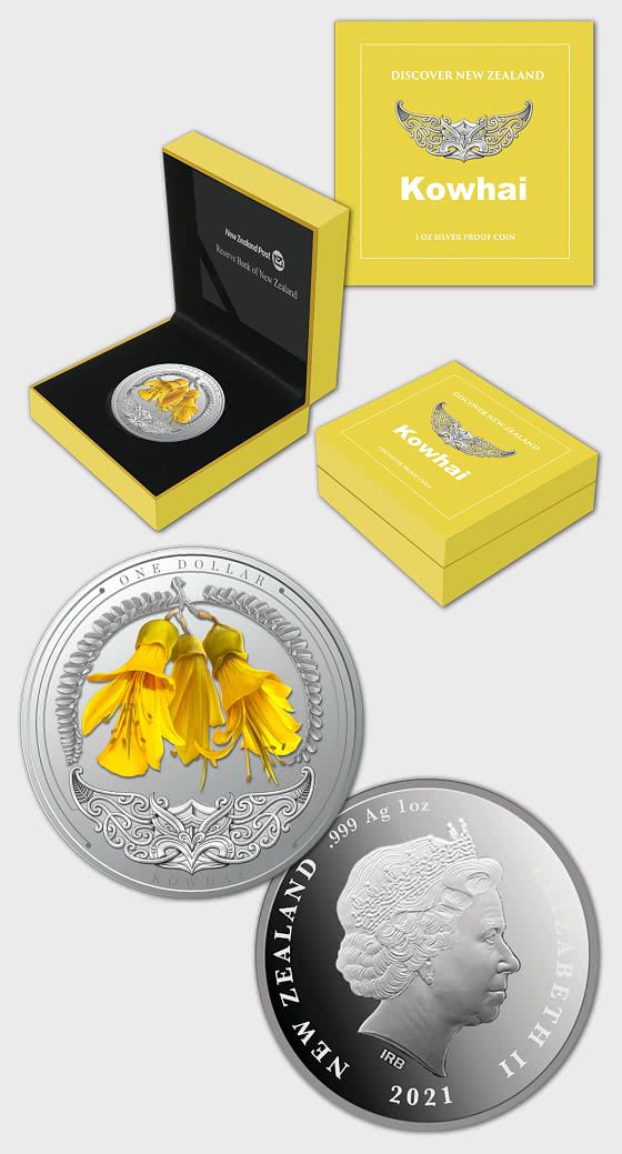(2021) stříbrná mince 1$ (Ag, 1 oz.) - Nový Zéland - Kowhai (proof) barevná