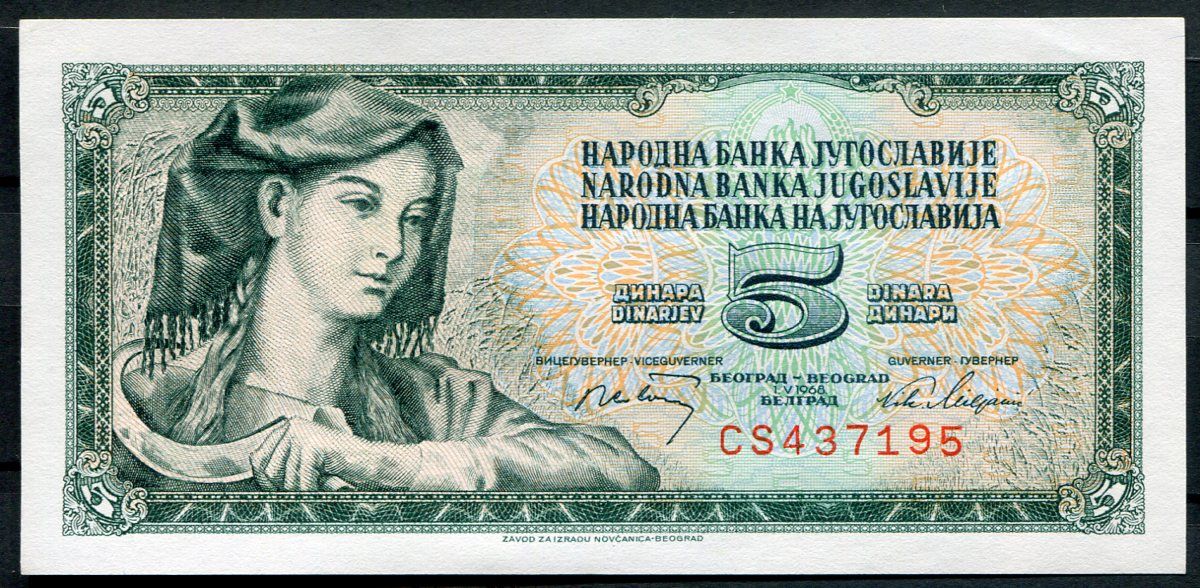 Jugoslávie - (P81b) 5 DINARA 1968 - UNC