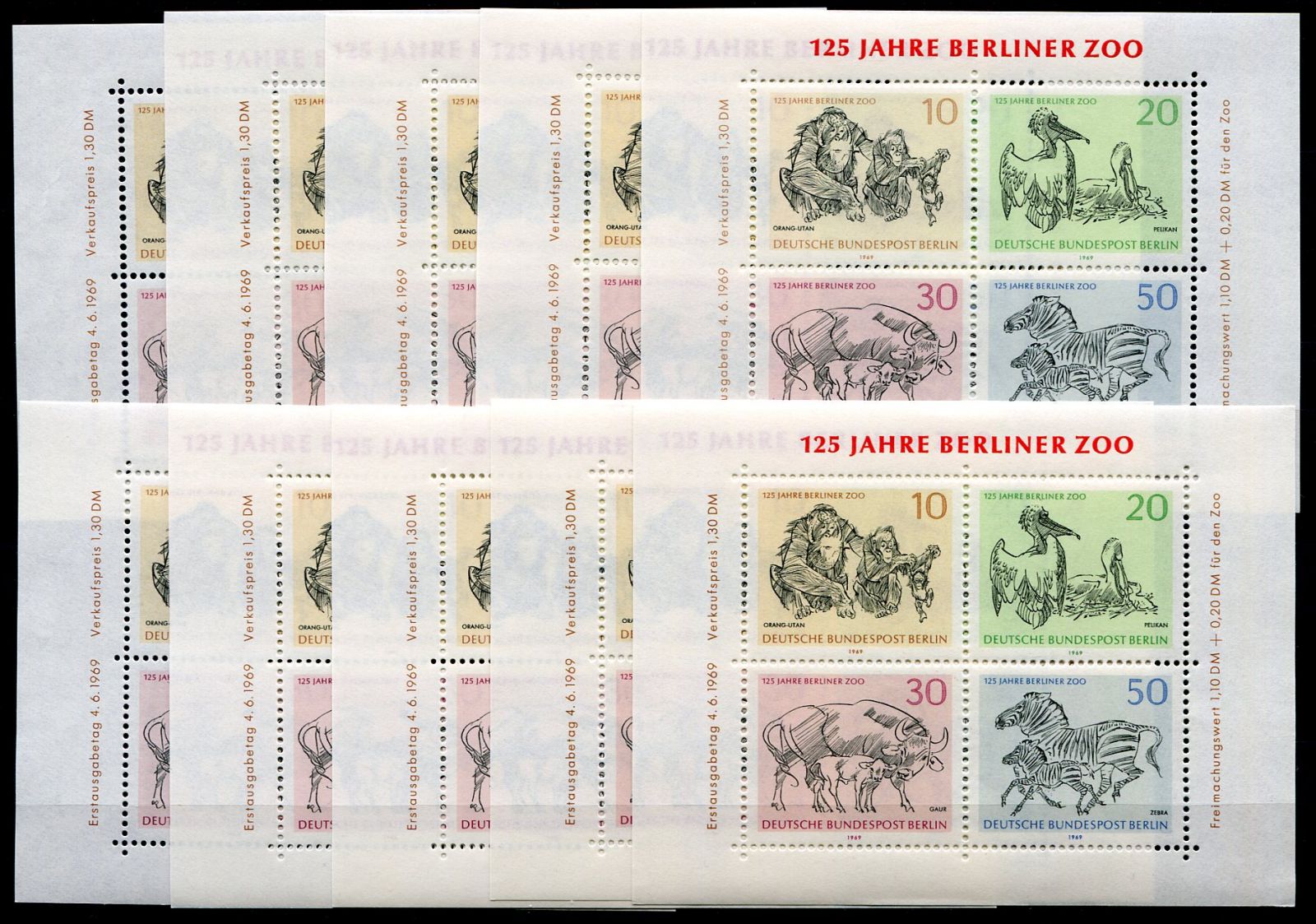 Deutsche Bundespost Berlin 10x (1969) MiNr. 338 - 341 ** Block 2 - Berlín - západní - 125 let Berlínské ZOO