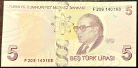 Turecko - (P 222f) 5 Lir (2022) - UNC - prefix F