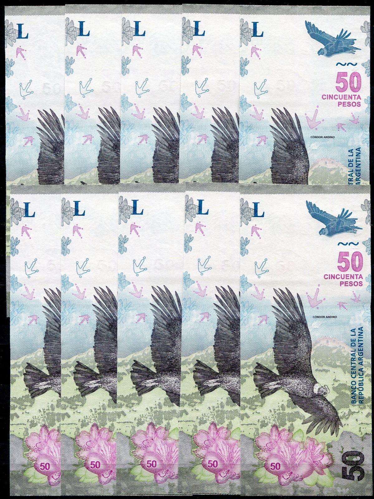 10x Argentina (P 363b) 50 Pesos (2020) - UNC