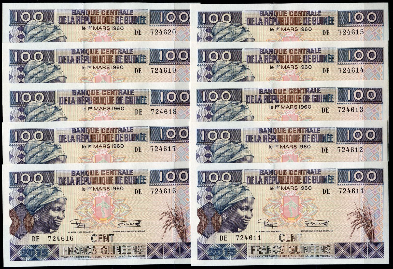 10x Guinea (P A47a) 100 FRANCS (2015) - UNC