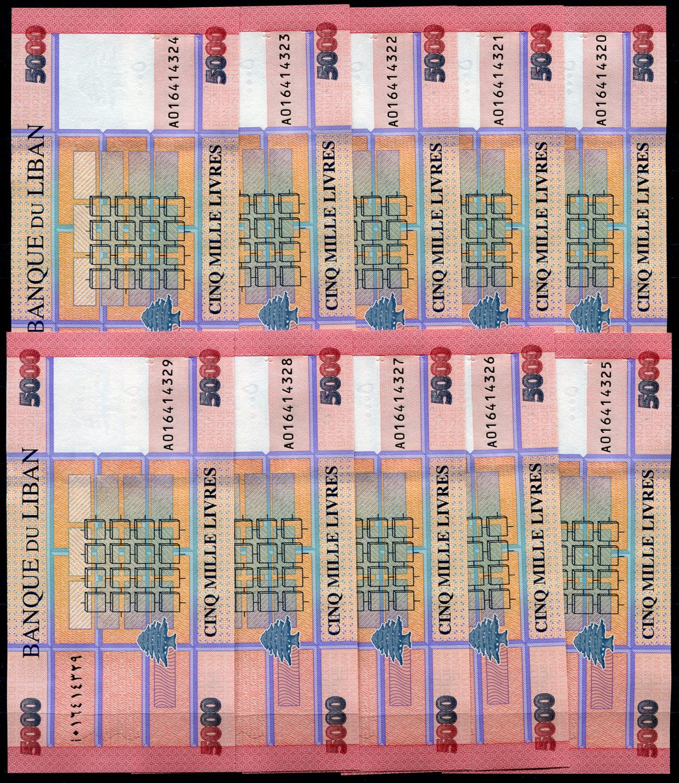 10x Libanon (P 91c) 5000 Livres (2021) - UNC