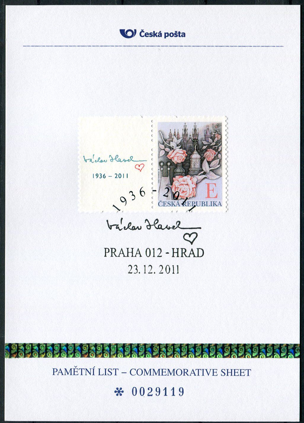 Česká pošta (2011) PLZ 13 - Pamětní list - Praha 012 Hrad - Václav Havel