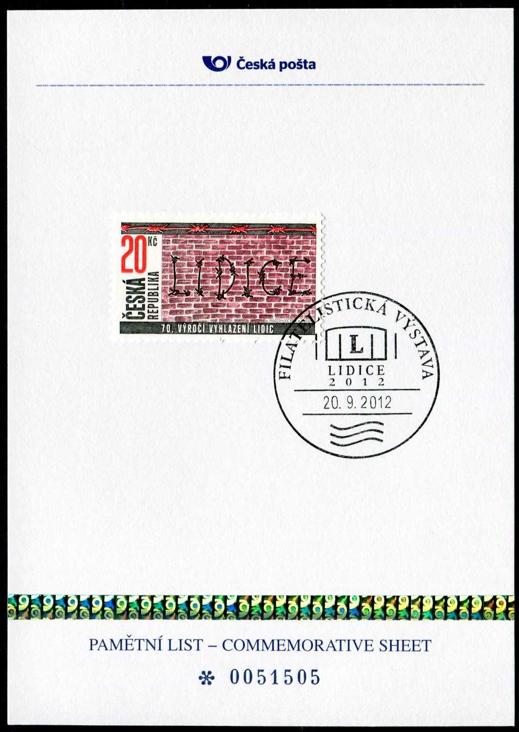 Česká pošta (2012) PLZ 23 - Pamětní list - Lidice - Filatelistická výstava