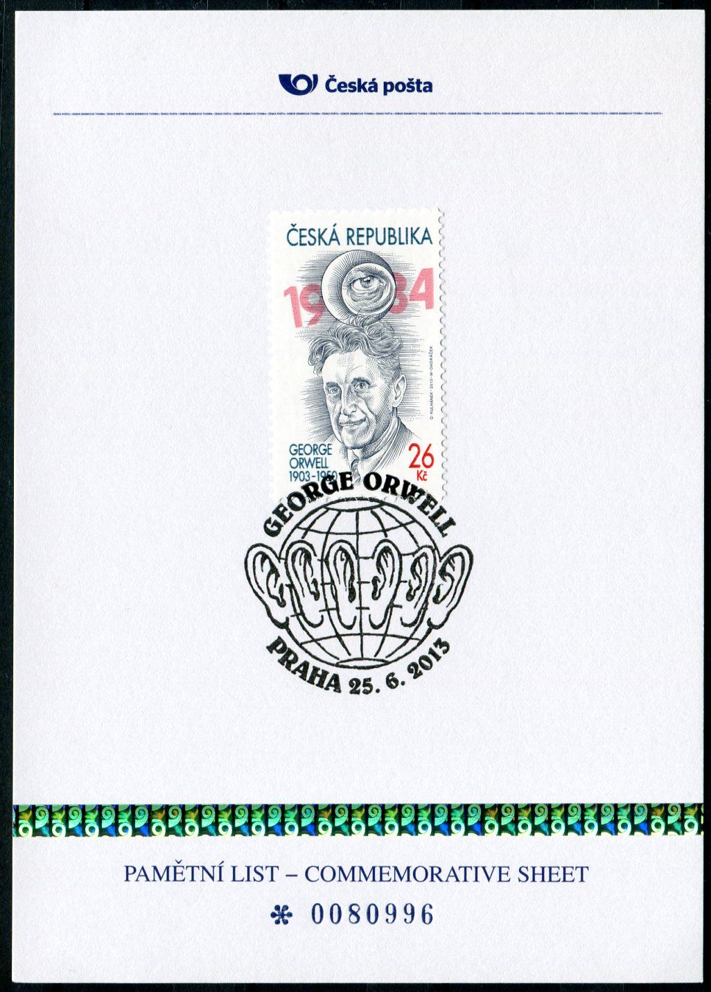 Česká pošta (2013) PLZ 36 - Pamětní list - Praha: George Orwell