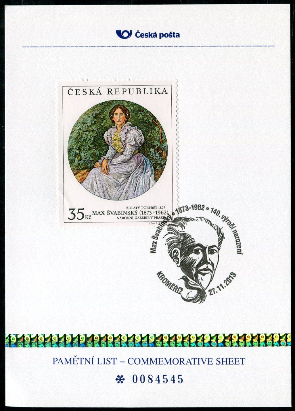 Česká pošta (2013) PLZ 38 - Pamětní list - Kroměříž: Max Švabinský
