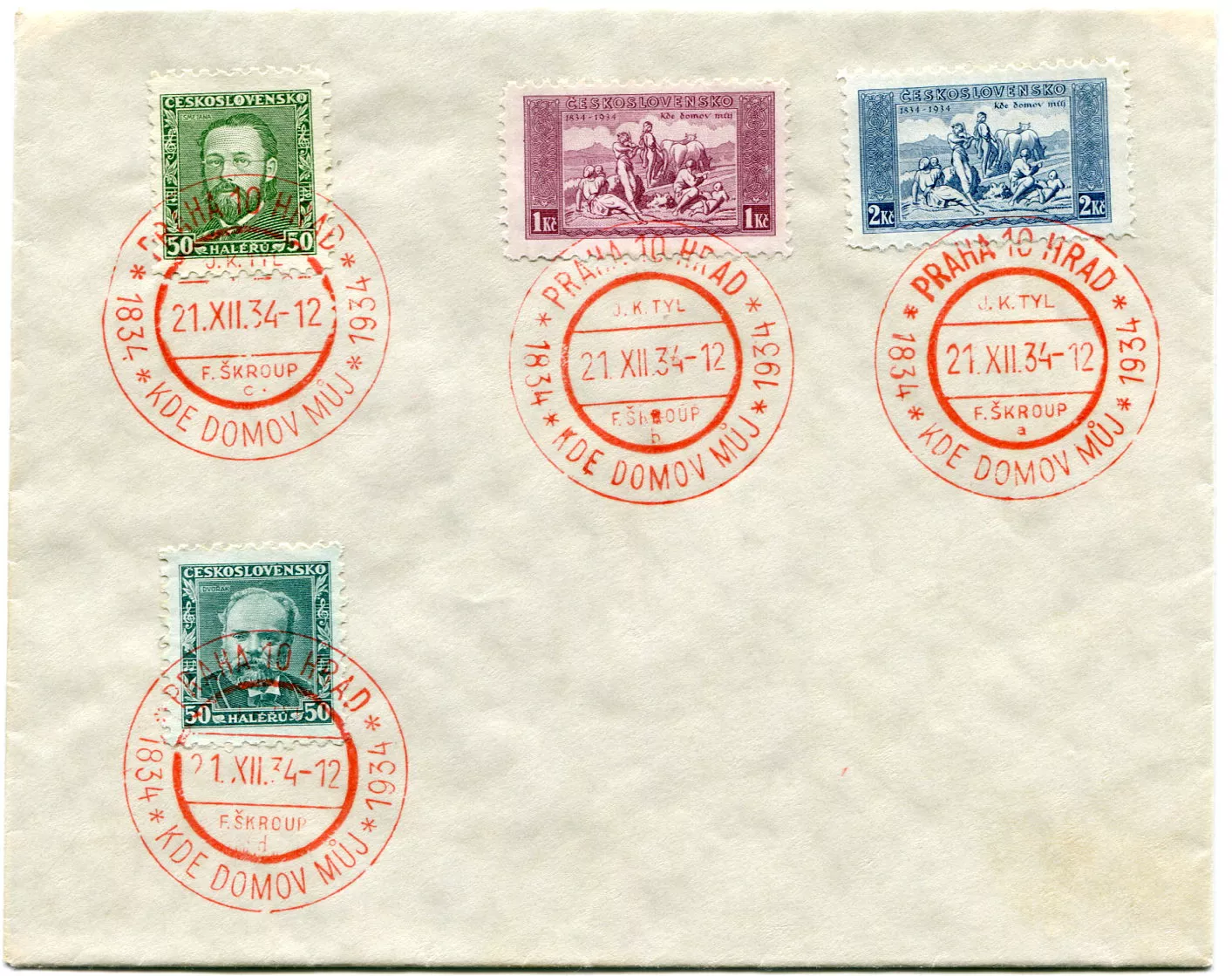 Československo - obálka - příl. razítko "Kde domov můj"; PRAHA 10 Hrad; J. K. Tyl, F. Škroup a,b,c,d